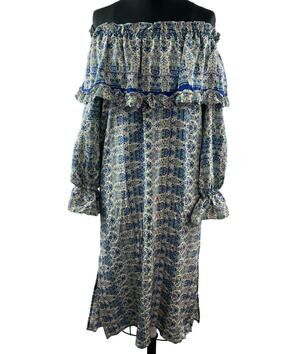 Kristinit Off The Shoulder Silk Dress Balloon Sleeve Flounce Neck Ruffles Sz XS